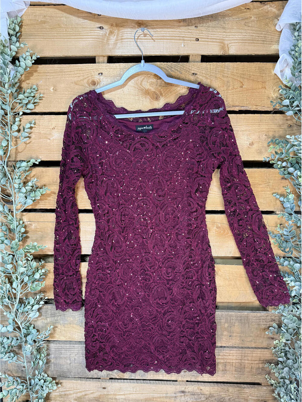 Sequin Hearts Burgundy Lace Long Sleeve Dress Size L